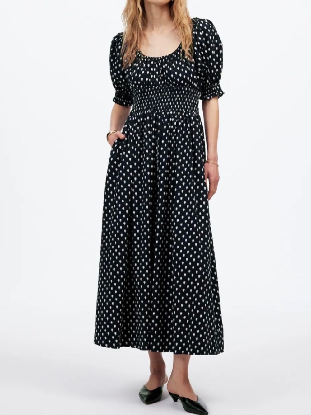 NWT Madewell Smocked-Waist Midi Dress in Shibori Dot Print size 12 M L